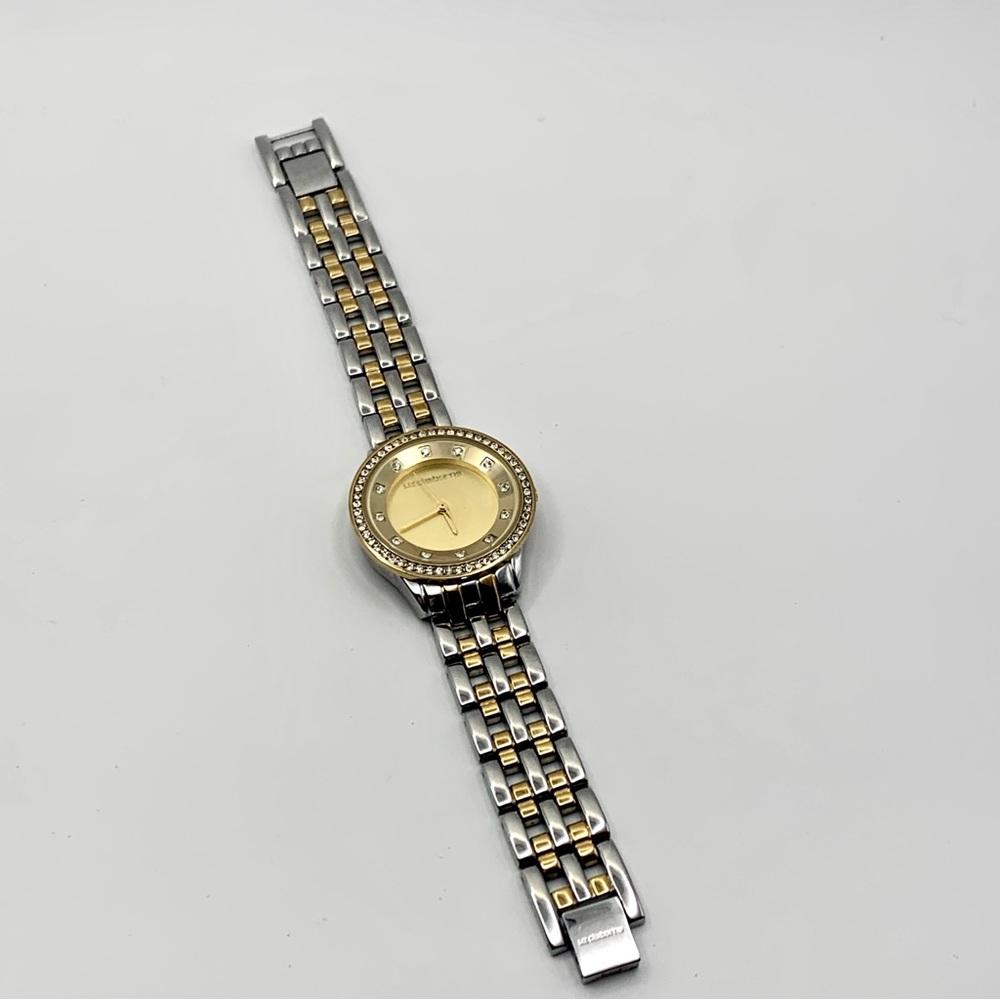 Liz Claiborne Two-Tone Crystal Bezel Watch 6.75" New Battery - Picture 5 of 14